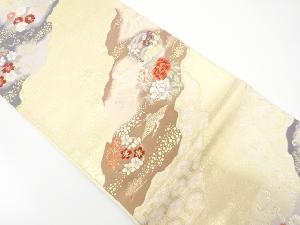 道長取りに鶴・花丸模様織り出し　袋帯